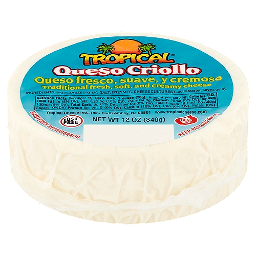 Tropical Queso Criollo-Traditional Fresh, Soft, and Creamy Cheese, 12 oz