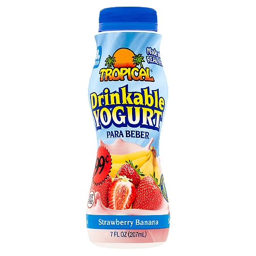 Tropical Strawberry Banana Drinkable Yogurt, 7 fl oz
Sweet and mild in taste, this drinkable yogurt is made with real fruit, Grade A milk and natural ingredients that provide a nutritious and refreshing drink

Contains Active Yogurt Cultures: S. thermophilus & L. bulgaricus.