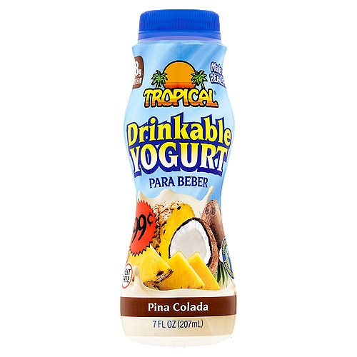 Tropical Pina Colada Drinkable Yogurt, 7 fl oz
Sweet and mild in taste, this drinkable yogurt is made with real fruit, grade A milk and natural ingredients that provide a nutritious and refreshing drink.

Contains Active Yogurt Cultures: S. thermophilus & L. bulgaricus.