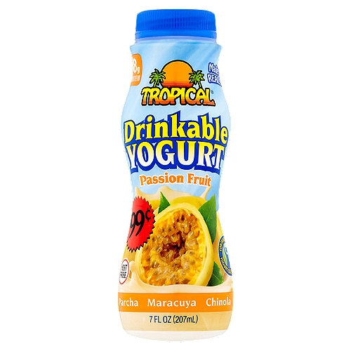 Tropical Passion Fruit Drinkable Yogurt, 7 fl oz
Sweet and mild in taste, this drinkable yogurt is made with real fruit, grade A milk and natural ingredients that provide a nutritious and refreshing drink.

Contains active yogurt cultures: S. thermophilus & L. bulgaricus.