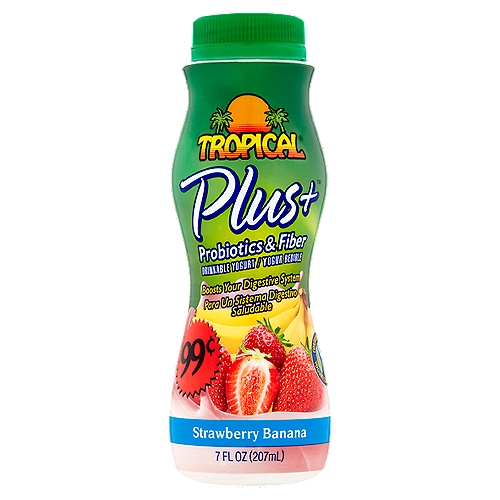 Tropical Plus+ Probiotics & Fiber Strawberry Banana Drinkable Yogurt, 7 fl oz
Did you know?
Plus has a custom blend of Lactobacillus acidophilus with other probiotics (HOWARU® Dophilus) and prebiotic fiber.
This custom blend has been clinically proven to boost your body's natural digestive system.

Contains Active Yogurt Cultures: S. thermophilus, L. bulgaricus and Lactobacillus acidophilus.