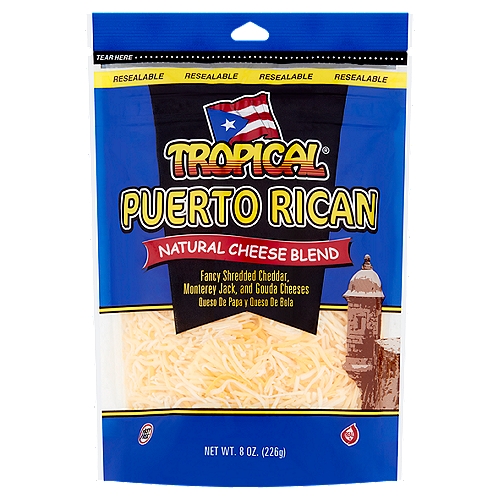 Tropical Puerto Rican Natural Cheese Blend, 8 oz
Fancy Shredded Cheddar, Monterey Jack, and Gouda Cheeses

rBST Free*
*No significant difference has been shown between milk from cows treated and those not treated with rBST.