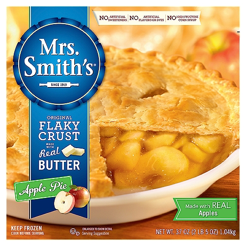 0 Gram of Trans Fat* per Servingn*See Nutrition Information for Fat & Saturated Fat ContentnnJust Like Homemade Our Pies Do Not Contain:n• High Fructose Corn Syrupn• Artificial Sweeteners, Dyes or FlavorsnnNothing creates a delicious, warm welcome like Mrs. Smith's® blue ribbon pies. Lovingly made from Amanda Smith's original recipes created in the early 1900s, only Mrs. Smith's® pies have her signature blue ribbon award-winning flaky crust, made with a touch of real sweet cream butter, abundant seasonal fruit and signature spices. Today, our bakers spend hours delicately preparing each pie, and personally sample a handful each day to ensure that each and every pie tastes as good as the original. So when you serve up a slice of Mrs. Smith's® blue ribbon apple pie, you can be sure your guests will feel welcome with every bite.