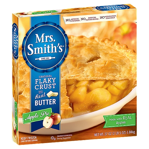 Mrs. Smith's Original Flaky Crust Apple Pie, 37 oz
0 Gram of Trans Fat* per Serving
*See Nutrition Information for Fat & Saturated Fat Content

Just Like Homemade Our Pies Do Not Contain:
• High Fructose Corn Syrup
• Artificial Sweeteners, Dyes or Flavors

Nothing creates a delicious, warm welcome like Mrs. Smith's® blue ribbon pies. Lovingly made from Amanda Smith's original recipes created in the early 1900s, only Mrs. Smith's® pies have her signature blue ribbon award-winning flaky crust, made with a touch of real sweet cream butter, abundant seasonal fruit and signature spices. Today, our bakers spend hours delicately preparing each pie, and personally sample a handful each day to ensure that each and every pie tastes as good as the original. So when you serve up a slice of Mrs. Smith's® blue ribbon apple pie, you can be sure your guests will feel welcome with every bite.