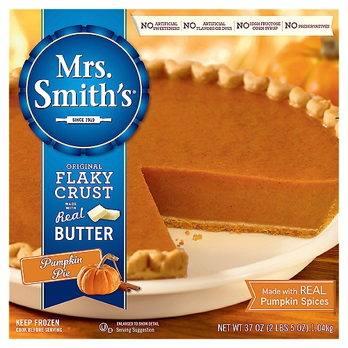 0 Gram of Trans Fat* per Servingn*See Nutrition Information for Fat & Saturated Fat ContentnnJust Like HomemadenOur Pies Do Not Contain:n• High Fructose Corn Syrupn• Artificial Sweeteners, Dyes or FlavorsnnNothing creates a delicious, warm welcome like Mrs. Smith's® blue ribbon pies. Lovingly made from Amanda Smith's original recipes created in the early 1900s, only Mrs. Smith's® pies have her signature blue ribbon award-winning flaky crust, made with a touch of real sweet cream butter, abundant seasonal fruit and signature spices. Today, our bakers spend hours delicately preparing each pie, and personally sample a handful each day to ensure that each and every pie tastes as good as the original. So when you serve up a slice of Mrs. Smith's® blue ribbon pumpkin pie, you can be sure your guests will feel welcome with every bite.nnFor more freshly baked goodness, try all our pies, cobblers & pie shells.