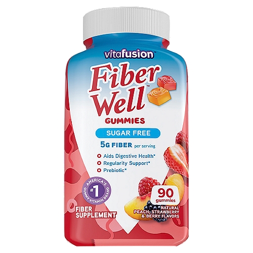 Vitafusion Fiber Well Natural Peach, Strawberry & Berry Flavors Sugar Free Gummies, 90 count
Fiber Supplement

Aids digestive health*
Regularity support*
*These statements have not been evaluated by the Food and Drug Administration. This product is not intended to diagnose, treat, cure or prevent any disease.

Supplement your healthy diet with prebiotic fiber
Fiber is an essential part of a healthy diet, but many of us don't get enough daily fiber.
vitafusion™ Fiber Well™ makes it easy to get the fiber some people need - all in a delicious sugar free gummy!

Now you can enjoy your fiber!
The soluble fiber in vitafusion™ Fiber Well™ aids in digestive health, supports regularity and provides a prebiotic effect in the gut.* With great tasting, natural fruit flavors, adding fiber to your diet has never been easier.

Great tasting!
Natural flavors enjoy your fiber™