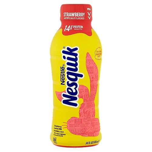 Nestlé Nesquik Strawberry Lowfat Milk, 14 fl oz
This product contains 730 mg calcium per serving vs. 560 mg calcium in chocolate lowfat milk.

Milk from cows not treated with the growth hormone rBST. No significant difference has been shown between milk from rBST treated and non-rBST treated cows.