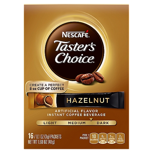 Nescafé Taster's Choice Hazelnut Medium Instant Coffee, 0.1 oz, 16 count
Instant Coffee Beverage

Now with 50% more coffee in each packet*
*vs. previous 2g packet

Hazelnut Artificial Flavor Intensely Rich & Toasty
Intensely rich and toasty cup of hazelnut aroma and flavors.