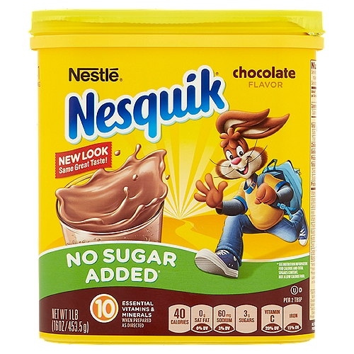 We have created Nesquik® no sugar added just for you! The delicious taste you love with nutrition of 10 essential vitamins and minerals when mixed with lowfat vitamin A & D milk.nnGood to KnownYes! Mix with milk or add to a shake to power up your afternoon with protein, calcium, and essential vitamin & minerals.nnOur signature chocolate taste comes from sustainably harvested cocoa beans.