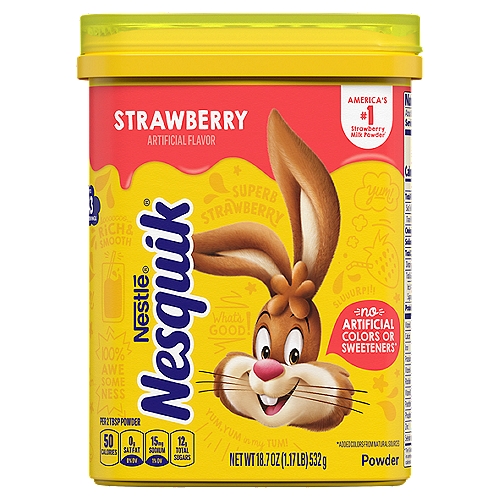 Nestlé Nesquik Strawberry Powder, 18.7 oz
America's #1 Strawberry Milk Powder†
†Based on U.S. Dollar Sales

No Artificial Colors or Sweeteners*
*Added Colors from Natural Sources