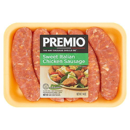 Premio Sweet Italian Chicken Sausage, 5 count, 14 oz
Fat content has been reduced from 21g to 8g per serving.