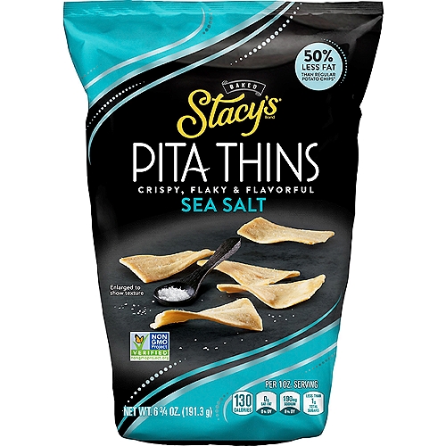 Stacy's Baked Sea Salt Pita Thins, 6 3/4 oz
50% Less Fat than Regular Potato Chips*

Low Saturated Fat*
*4 Gram of Total Fat Per Serving
*Regular potato chips contain 10g of total fat per 1 oz. serving; Stacy's® Sea Salt Pita Thins contain 4g of total fat per 1 oz. serving.

Perfect for Your fancy but Not Too Fancy® Snacking Moments