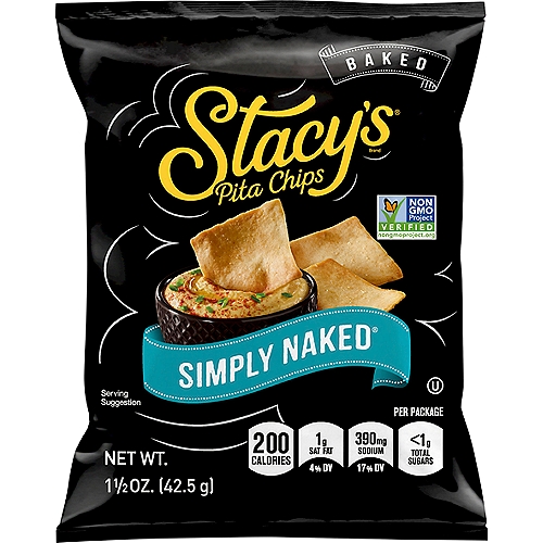 Stacy's Baked Simply Naked Pita Chips, 1 1/2 oz
We bake real pita from our own special recipe, slice it into chips, then bake it again for a delicious crunch. We think time is an essential ingredient, which is why we devote up to 14 hours to bake each batch of Stacy's Pita Chips.