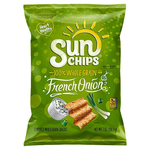 Sun Chips French Onion Flavored Whole Grain Snacks, 7 oz
Diets Rich in Whole Grain Foods and Other Plant Foods, and Low in Saturated Fat and Cholesterol, May Reduce the Risk of Heart Disease

Regular potato chips contain 10g of fat per serving. SunChips® French Onion Flavored Whole Grain Snacks contain 6g of fat per 1 oz. serving.

Sour cream and onion Flavors Rendezvous to Create Flavorful Waves of Whole Grain Goodness.
