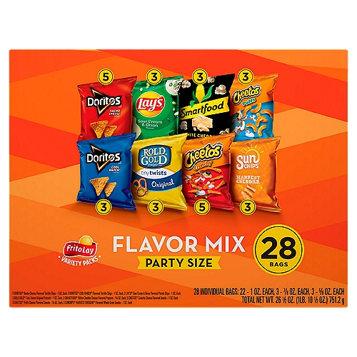 Frito Lay Flavor Mix Variety 26.5 Oz 28 Count
From summer barbecues to family gatherings to time spent relaxing at the end of a long day, Frito-Lay snacks are part of some of life's most memorable moments. And maybe even brightens some of the most mundane.
