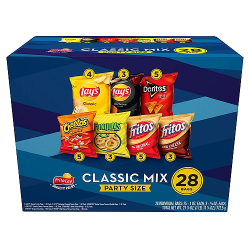 Frito Lay Snacks Classic Mix variety 27 1/4 Oz 28 Count Party Size
From summer barbecues to family gatherings to time spent relaxing at the end of a long day, Frito-Lay snacks are part of some of life's most memorable moments. And maybe even brightens some of the most mundane.