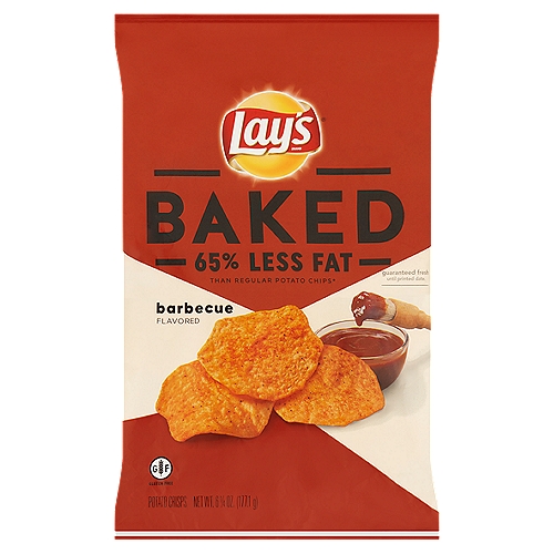 Lay's Barbecue Flavored Baked Potato Crisps, 6 1/4 oz
65% less fat than regular potato chips*

Smoky BBQ taste? Oh yeah!
Made with all the tasty BBQ flavor you love and 65% less fat* consider it a win-win for BBQ fans everywhere.
*65% less fat than regular potato chips
Fat content of regular potato chips is 10g per 1 oz. serving; fat content of these snacks is 3.5g per 1 oz. serving.