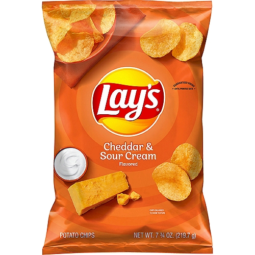 Lay's Cheddar & Sour Cream Flavored Potato Chips, 7 3/4 oz
It all starts with farm-grown potatoes - cooked and seasoned to perfection. Then we add the tang of sour cream and sharp cheddar. So every Lay's® potato chip is perfectly crispy and delicious.
Happiness in Every Bite.®