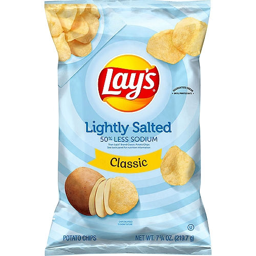 Lay's Lightly Salted Classic Potato Chips, 7 3/4 oz
50% less sodium than Lay's Brand Classic Potato Chips

Product Comparison
Per 1 oz. Serving: Lay's Brand Lightly Salted Potato Chips; Sodium: 65 mg; Taste: 100%
Per 1 oz. Serving: Lay's Brand Classic Potato Chips; Sodium 170 mg; Taste: 100%

Deliciously and Tasty