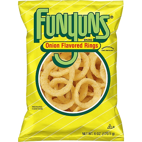 Funyuns Onion Flavored Rings, 6 oz
A Deliciously Different Snack that's Fun!
For a change of pace that's fun and deliciously different - Funyuns® brand Onion Flavored Rings are the snack. Funyuns® brand Onion Flavored Rings crunch with the zesty flavor of onion coupled with the crispy texture and shape of an onion ring.

Enjoy Funyuns® Brand Onion Flavored Rings' great taste with your favorite foods.
Funyuns® brand Onion Flavored Rings are a fun snack that you and your family can eat anywhere and enjoy with your favorite foods. They are great for picnics, parties and lunches. Also try them with your favorite dip for a taste sensation that runs rings around other snacks. Next time you're in a mood for a snack that's different, try Funyuns® brand Onion Flavored Rings.

Funyuns® brand Onion Flavored Rings are fun!
