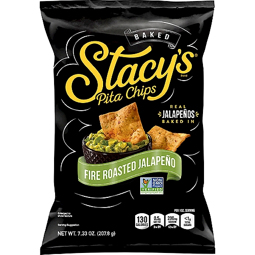 Stacy's Baked Fire Roasted Jalapeño Pita Chips, 7 1/3 oz
Low saturated fat*
*5 grams of total fat per serving

Fancy. But Not Too Fancy.™
Baked with high quality ingredients, Stacy's® Pita Chips are artfully crafted and simply delicious. Our Fire Roasted Jalapeño Pita Chips are baked with real jalapeños and ready for your Stacy's® Fancy. But Not Too Fancy.™ snacking moments.