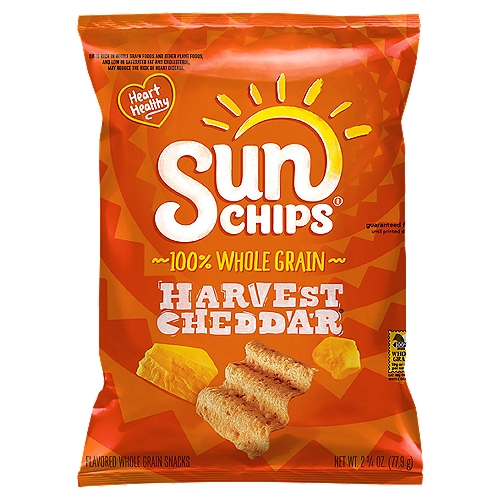 SunChips Harvest Cheddar Flavored Whole Grain Snacks, 2 3/4 oz
Regular potato chips contain 10g of fat per 1 oz. serving. SunChips® Harvest Cheddar® Flavored Whole Grain Snacks contains 6g of fat per 1 oz. serving

The Flavor of Real Cheddar Cheese is Layered onto a Delicious Whole Grain Chip to Create this Tasty Combination.