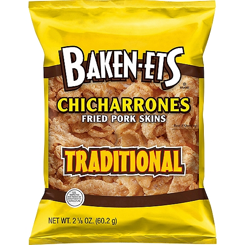 Baken-Ets Traditional Chicharrones Fried Pork Skins, 2 1/8 oz
Savor the Flavor!
Baken-Ets have been one of America's favorite snack brands for over 50 years. Each crispy, crunchy bite is carefully cooked to perfection and delivers the great flavor that has been loved for generations.
So grab a bag and enjoy the great taste of Baken-Ets®!