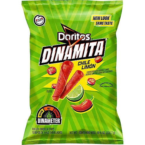 Doritos Dinamita Tortilla Chips Chile Limon 10.75 Ounce
The Doritos brand is all about boldness. If you're up to the challenge, grab a bag of Doritos tortilla chips and get ready to make some memories you won't soon forget. It's a bold experience in snacking and beyond. 

They're Rolled to Explode with Flavor!®

The Perfect Detonation of Spicy Chile with a Twist of Lime.