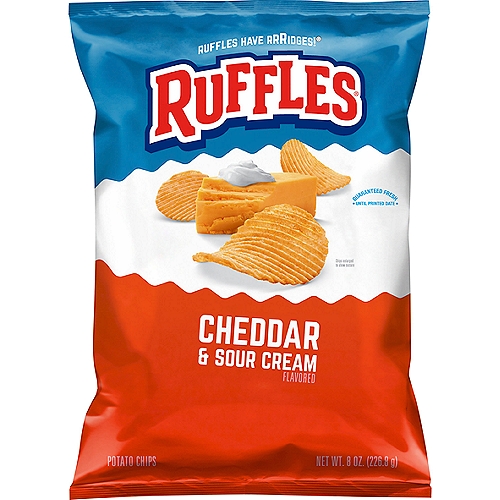 Ruffles Potato Chips Cheddar & Sour Cream Flavored 8 Oz
With crunchy ridges made to stand up to even the thickest dips, Ruffles potato chips bring epic flavor and snack satisfaction to any get-together.

Look at you Looking at the Back of the Bag. High Five!
Just Like Cheering for Your favorite team These Chips Have Ups & Downs. We Call Them Ridges
And the Lows are just as delicious as the Highs.