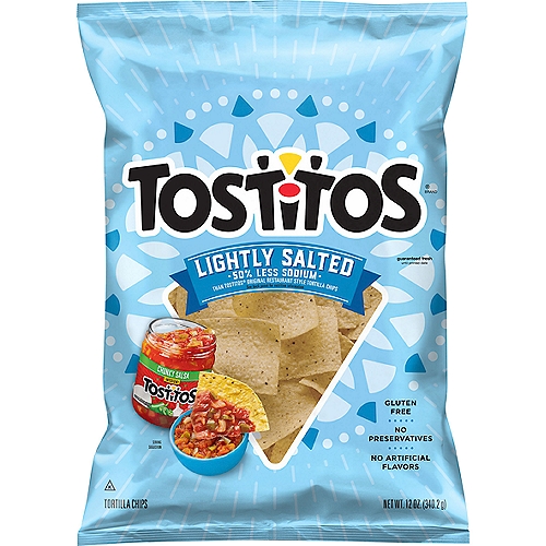 Tostitos Tortilla Chips Lightly Salted 12 Oz
Tostitos tortilla chips and dips are the life of the party. Whether you're watching the game with friends or throwing a giant backyard barbecue, Tostitos has the must-have chips and dips to pump up the fun!

50% Less Sodium than Tostitos® Original Restaurant Style Tortilla Chips

Product Comparison
Per 1 Oz. Serving: Tostitos® Lightly Salted Tortilla Chips; Sodium: 55mg
Per 1 Oz. Serving: Tostitos® Original Restaurant Style Tortilla Chips; Sodium: 115mg