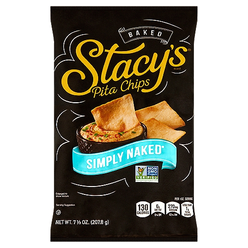 Stacy's Baked Simply Naked Pita Chips, 7 1/3 oz
Low saturated fat*
*5 grams of total fat per serving

Fancy. But Not Too Fancy.™
Baked with high quality ingredients, Stacy's® Pita Chips are artfully crafted and simply delicious. Our Simply Naked® Pita Chips are seasoned perfectly with sea salt and ready for your Stacy's® Fancy. But Not Too Fancy.™ snacking moments.