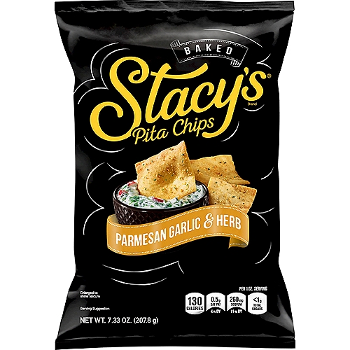 Stacy's Baked Parmesan Garlic & Herb Pita Chips, 7 1/3 oz
Low saturated fat*
*5 grams of total fat per serving

Fancy. But Not Too Fancy.™
Baked with high quality ingredients, Stacy's® Pita Chips are artfully crafted and simply delicious. Our Parmesan Garlic & Herb Pita Chips are packed with bold flavor and ready for your Stacy's® Fancy. But Not Too Fancy.™ snacking moments.