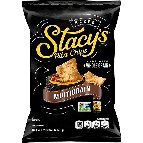 Stacy's Baked Multigrain Pita Chips, 7.33 oz
Stacy's Multigrain Pita Chips are a fresh, go-to snack perfect for any occasion. We bake real pita from our own special recipe, slice it into chips, then bake it again for a delicious crunch. We think time is an essential ingredient, which is why we devote up to 14 hours to bake each batch of Stacy's pita chips. That's just how long it takes to reach perfection. Enjoy freshness in every bag with Stacy's Multigrain Pita Chips. These delectable chips are baked with stone-ground wheat flour, crunched oats, and sesame seeds creating an incredibly delicious crunch. These make a great combination served with Sabra hummus, straight from the bag, or with your favorite dip. Stacy's Multigrain Pita Chips are baked, with no artificial colors or flavors. Non-GMO project verified.