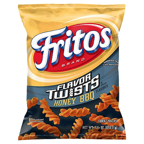 Fritos Flavor Twists Honey BBQ Flavored Corn Snacks, 9 1/4 oz
When your taste buds demand big-time flavor, a regular chip just isn't going to cut it. You need something so jam-packed with flavor, you could actually call it a little twisted.

Fritos® Flavor Twists® Brand Corn Snacks give you the classic taste of corn with an added twist - a special shape that means more hearty, all-American crunch. Add a little honey and BBQ flavor to the mix and you've got one seriously delicious snack. Right out of the bag, with your favorite sandwich or a cheeseburger…