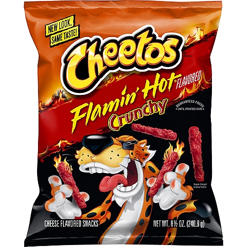 Cheetos Flamin' Hot Crunchy Cheese Flavored Snacks, 8 1/2 oz
CHEETOS snacks are the much-loved cheesy treats that are fun for everyone! You just can't eat a CHEETOS snacks without licking the “cheetle'' off your fingertips. And wherever the CHEETOS brand and CHESTER CHEETAH go, cheesy smiles are sure to follow.