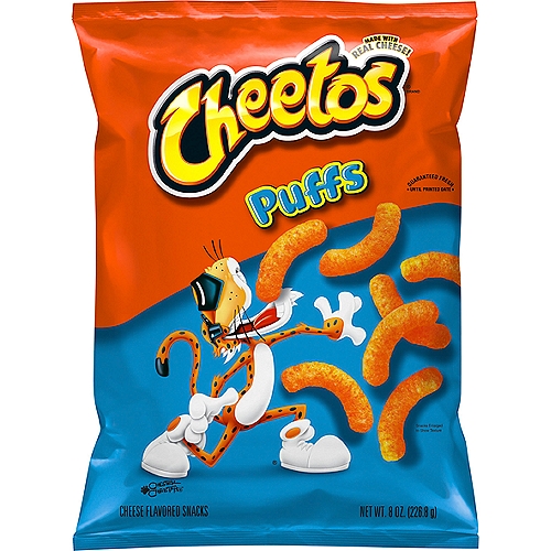 Cheetos Puffs Cheese Flavored Snacks, 8 oz
CHEETOS snacks are the much-loved cheesy treats that are fun for everyone! You just can't eat a CHEETOS snacks without licking the “cheetle'' off your fingertips. And wherever the CHEETOS brand and CHESTER CHEETAH go, cheesy smiles are sure to follow.