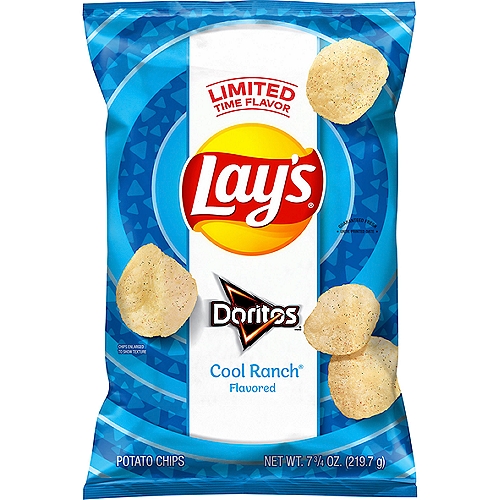 Lay's Doritos Cool Ranch Flavored Potato Chips, 7 3/4 oz
Ever wondered what Doritos® Cool Ranch® flavor would taste like on Lay's® chips?
Saddle up, because Lay's® put this iconic Doritos® flavor on these iconic potato chips.