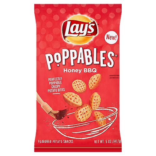 Lay's Poppables Honey BBQ Flavored Potato Snacks, 5 oz
There's something about the light texture & airy, crispy crunch of new Lay's® Poppables® that makes you go, ''Mmmm.''
It could be the bite-sized, perfectly popped shape. Or maybe that it's deliciously seasoned with flavor, both inside & out.
Either way, we think you'll find this one-of-a-kind potato snack Oh So Poppable® and, with about 28 pieces per serving, pretty perfect.