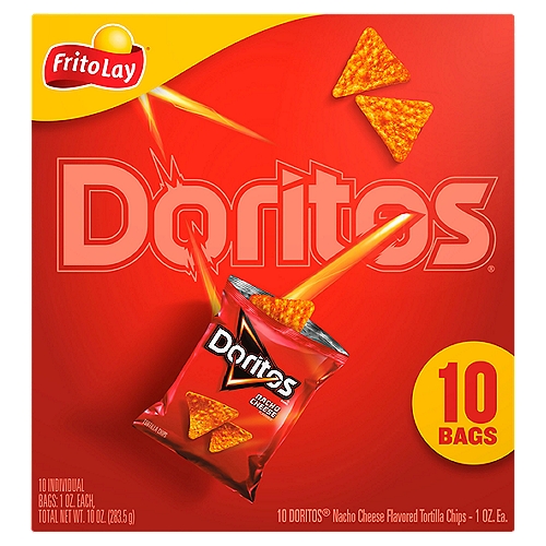 Doritos Tortilla Chips Nacho Cheese1 Oz, 10 Count
The DORITOS brand is all about boldness. If you're up to the challenge, grab a bag of DORITOS tortilla chips and get ready to make some memories you won't soon forget. It's a bold experience in snacking and beyond.