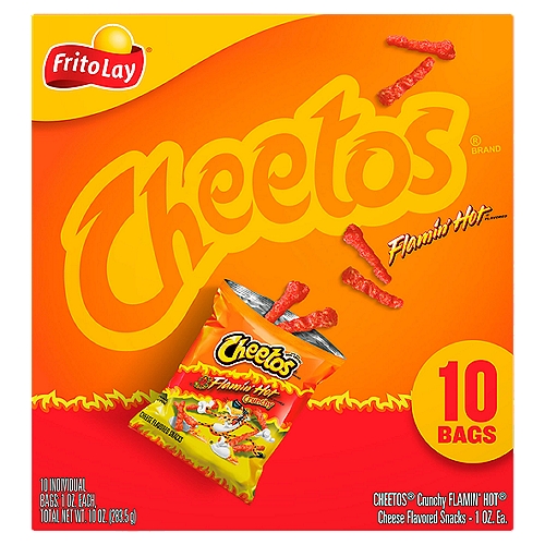 Cheetos Crunchy Flamin' Hot Cheese Flavored Snacks, 1 oz, 10 count
CHEETOS snacks are the much-loved cheesy treats that are fun for everyone! You just can't eat a CHEETOS snack without licking the ''cheetle'' off your fingertips. And wherever the CHEETOS brand and CHESTER CHEETAH go, cheesy smiles are sure to follow.