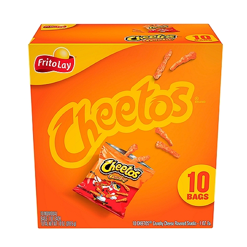 Cheetos Crunchy Cheese Flavored Snacks 1 Oz 10 Count
CHEETOS snacks are the much-loved cheesy treats that are fun for everyone! You just can't eat a CHEETOS snack without licking the ''cheetle'' off your fingertips. And wherever the CHEETOS brand and CHESTER CHEETAH go, cheesy smiles are sure to follow.