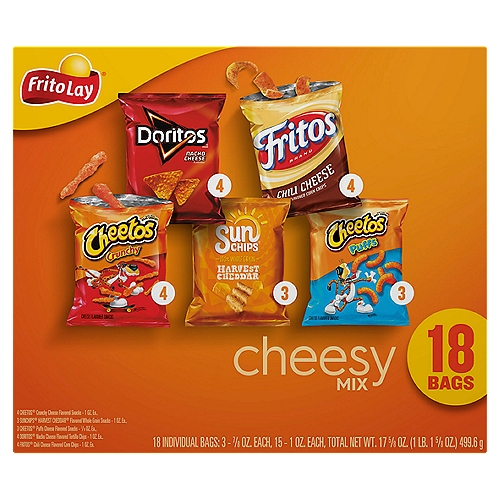 Frito Lay Snacks Cheesy Mix Variety Pack 17.625 Ounce
From summer barbecues to family gatherings to time spent relaxing at the end of a long day, Frito-Lay snacks are part of some of life's most memorable moments. And maybe even brightens some of the most mundane.