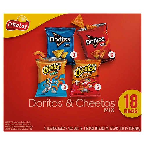 Frito Lay Snacks Doritos & Cheetos Mix 17 5/8 Oz 18 Count
From summer barbecues to family gatherings to time spent relaxing at the end of a long day, Frito-Lay snacks are part of some of life's most memorable moments. And maybe even brightens some of the most mundane.