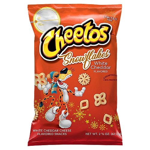 Cheetos Snowflakes Cheese Flavored Snacks White Cheddar Flavored 2 3/8 Oz
CHEETOS snacks are the much-loved cheesy treats that are fun for everyone! You just can't eat a CHEETOS snack without licking the signature “cheetle'' off your fingertips. And wherever the CHEETOS brand and CHESTER CHEETAH go, cheesy smiles are sure to follow.

Take your taste buds on a sleigh ride through a Cheetos winter wonderland. Open a bag, stick out your tongue and taste all the white cheddar goodness. Snowflakes and engage in the most delicious snowball fight of all time as you share them with friends and family.