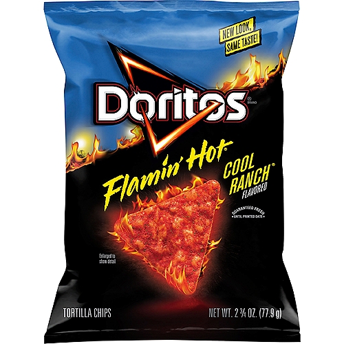 Doritos Tortilla Chips Flamin' Hot Cool Ranch Flavored 2 3/4 Oz
The DORITOS brand is all about boldness. If you're up to the challenge, grab a bag of DORITOS tortilla chips and get ready to make some memories you won't soon forget. It's a bold experience in snacking and beyond.