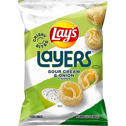 Lay's Potato Chips Sour Cream & Onion1 3/4 OzPotato Snacks  Wherever celebrations and good times happen, the Lay's brand will be there just as it has been for more than 75 years. With flavors almost as rich as our history, we have a potato chip or crisp flavor guaranteed to bring a smile on your face.
