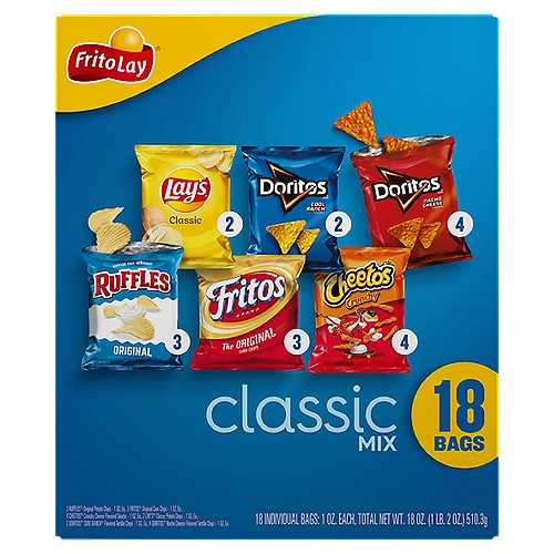 Frito Lay Snacks Classic Mix Variety Box1 Oz, 18 Count
From summer barbecues to family gatherings to time spent relaxing at the end of a long day, Frito-Lay snacks are part of some of life's most memorable moments. And maybe even brightens some of the most mundane.