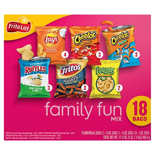 Frito Lay Family Fun Mix Variety 17 1/8 Oz 18 Count
From summer barbecues to family gatherings to time spent relaxing at the end of a long day, Frito-Lay snacks are part of some of life's most memorable moments. And maybe even brightens some of the most mundane.