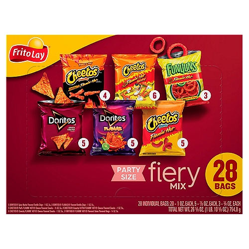 Frito Lay Snacks Fiery Mix Variety 26 5/8 Oz 28 Count
From summer barbecues to family gatherings to time spent relaxing at the end of a long day, Frito-Lay snacks are part of some of life's most memorable moments. And maybe even brightens some of the most mundane.