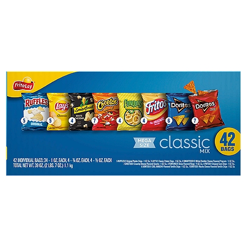 Frito Lay Classic Mix Snacks Mega Size, 42 count, 39 oz
From summer barbecues to family gatherings to time spent relaxing at the end of a long day, Frito-Lay snacks are part of some of life's most memorable moments. And maybe even brightens some of the most mundane.
